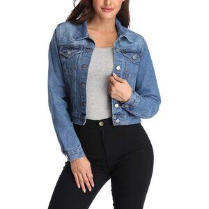 Women's Denim Jackets Crop Long Sleeve Button Down Crop Jean with Pockets Blue2